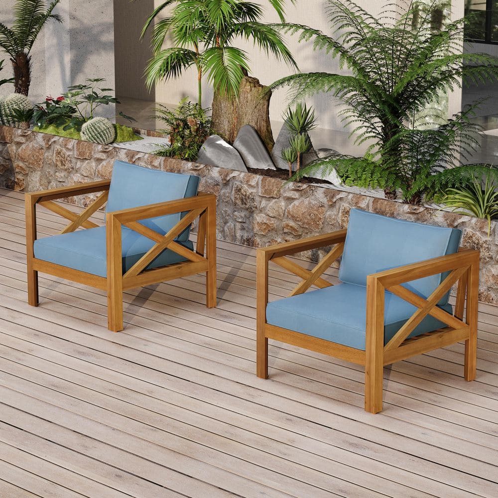 Madras Modern Patio Teak Finish Solid Wood Outdoor Lounge Chairs with Blue Cushions, (Set of 2)