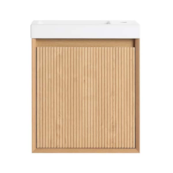 19 in. Wall-Mounted Nature Wood Bath Vanity with White Cultured Marble Top Unassembled