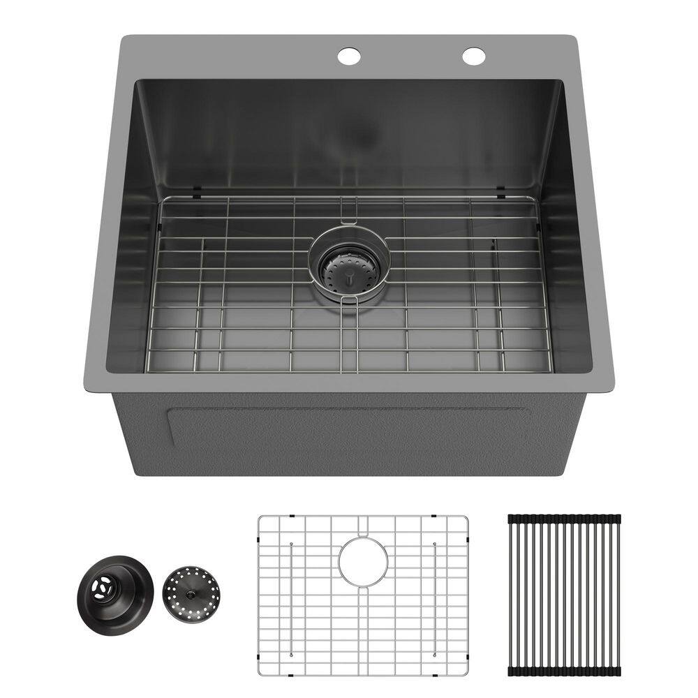 25 in. Drop-In/Topmount Singel Bowl 16 Gauge Gunmetal Black Stainless Steel Kitchen Sink with Baskets Strainers price history on PriceWatchPro