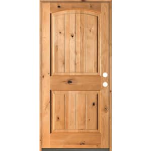 30 in. x 80 in. Rustic Knotty Alder Arch Top V-Grooved Clear Stain Left-Hand Inswing Wood Single Prehung Front Door