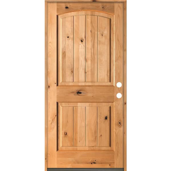 Krosswood Doors 32 in. x 80 in. Rustic Knotty Alder Arch Top V-Grooved Clear Stain Left-Hand Inswing Wood Single Prehung Front Door