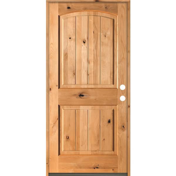 Krosswood Doors 36 in. x 80 in. Rustic Knotty Alder Arch Top V-Grooved Clear Stain Left-Hand Inswing Wood Single Prehung Front Door
