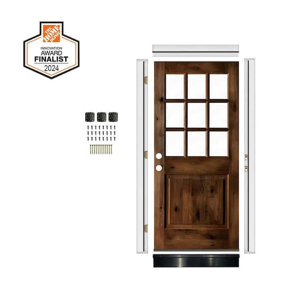 DIY 36 in. x 80 in. Right-Hand 9-Lite Clear Glass Provincial Stain Alder Wood Front Door Kit w/ Quick Assemble Jamb