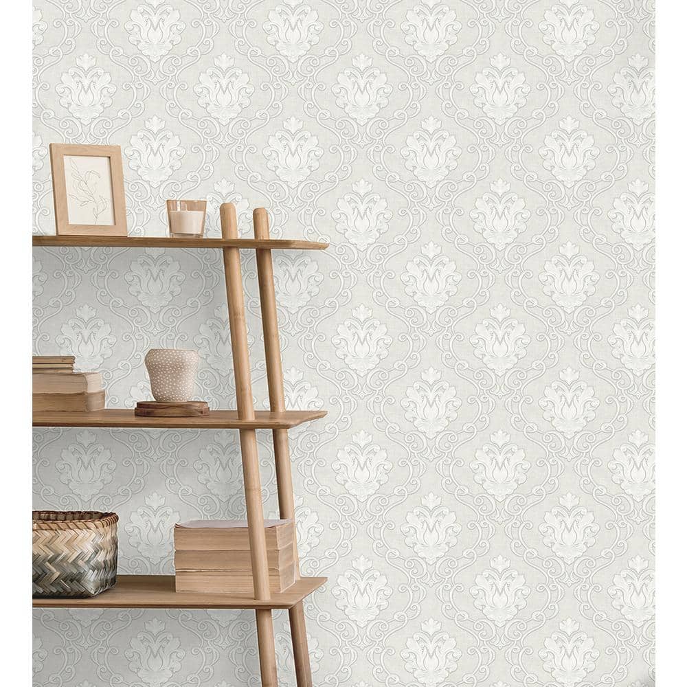 Florentine White and Pale Grey Damask Vinyl Wallpaper