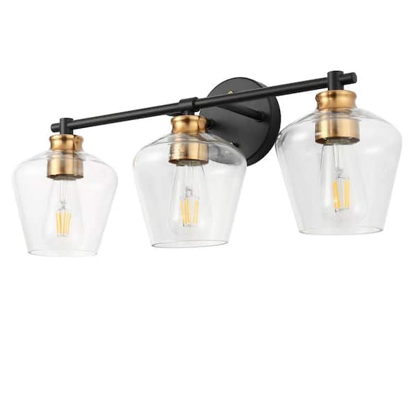 Briignite 22 in. Black and Gold 3-Light Vanity Light with Clear Glass Shade for Bathroom and No Bulbs Included