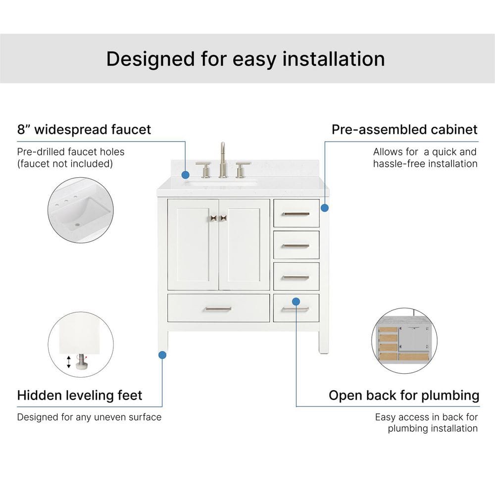 Cambridge 36" White Hardwood Freestanding Vanity with Quartz Top