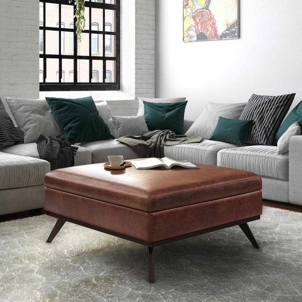 Owen Distressed Saddle Brown Faux Leather Lift Top Storage Ottoman