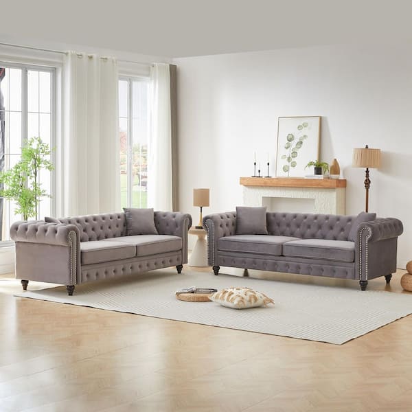 Dahl 85.5 in. W Flared Arm 3-Seater Velvet Rectangle Sofa in Gray, Set of 2