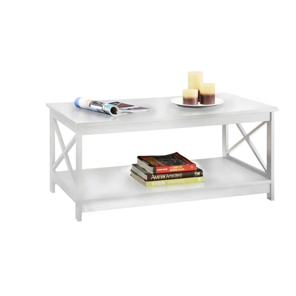 White Rectangular Wood Coffee Table with Shelf