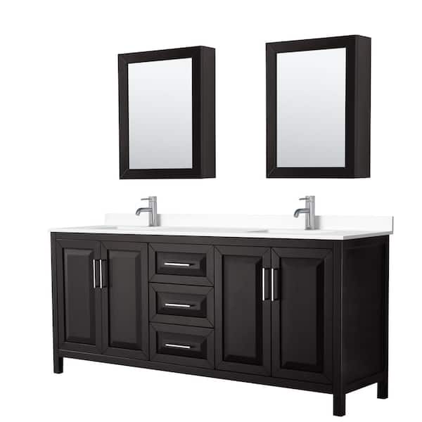 Wyndham Collection Daria 80"W x 22"D Double Vanity in Dark Espresso w/ Cultured Marble Vanity Top in White w/ Basins & Med Cabs