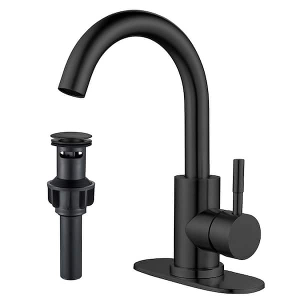 Single Handle Single Hole Bathroom Faucet with Deckplate Included and Drain Kit Included in Matte Black
