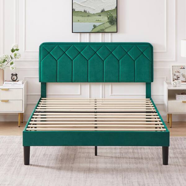VECELO Bed Frame with Upholstered Headboard, Green Metal
