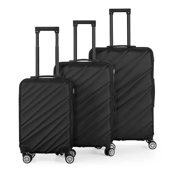 Hikolayae 3pcs ABS Twill Stripe Hardshell Luggage Lightweight Durable Suitcase Sets Spinner Wheels TSA Lockable Suitcase (Black)