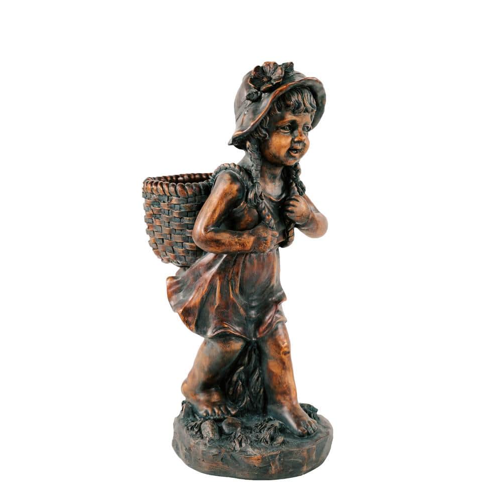 24" Faux Bronze Magnesium Oxide Girl Garden Statue with Plant Pot