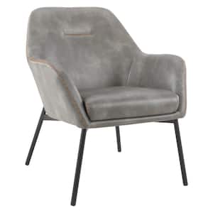 Brooks Accent Chair in Grey Faux Leather with Gold Stitch and Black Legs