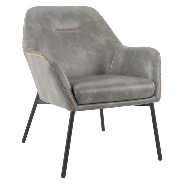 Brooks Accent Chair in Grey Faux Leather with Gold Stitch and Black Legs