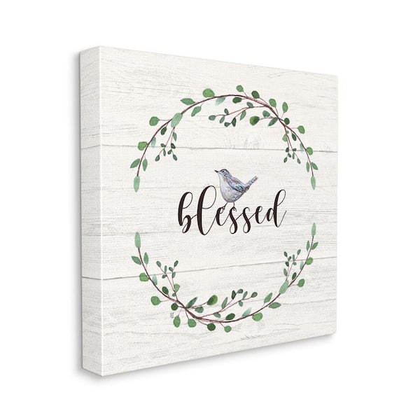 Stupell Industries Charming Blessed Phrase Blue Bird and Wreath by Elizabeth Tyndall Unframed Print Abstract Wall Art 17 in. x 17 in.