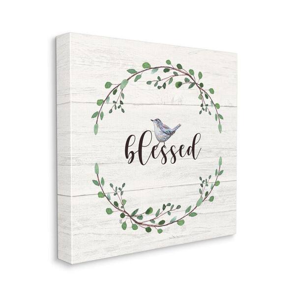 Stupell Industries Charming Blessed Phrase Blue Bird and Wreath by Elizabeth Tyndall Unframed Print Abstract Wall Art 24 in. x 24 in.