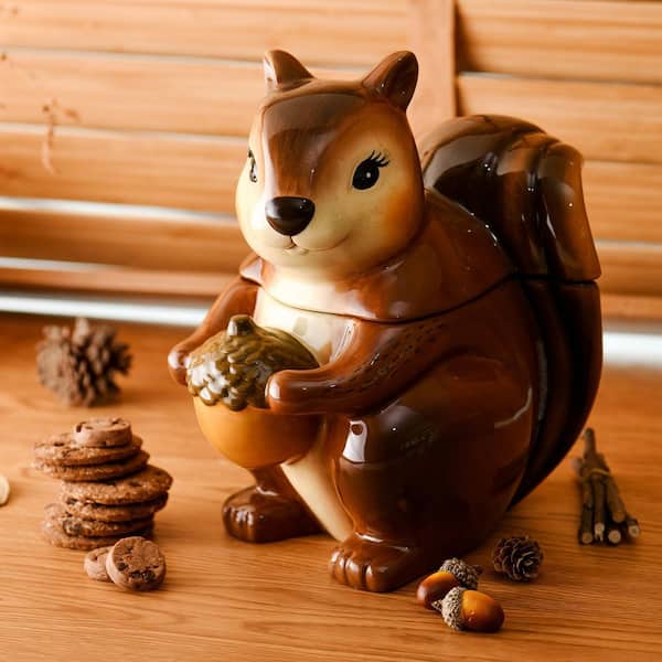 1-Piece Brown Ceramic Squirrel 8 in. Air Tight Cookie Jar, Hand Painted Ceramic Container, Dishwasher Safe