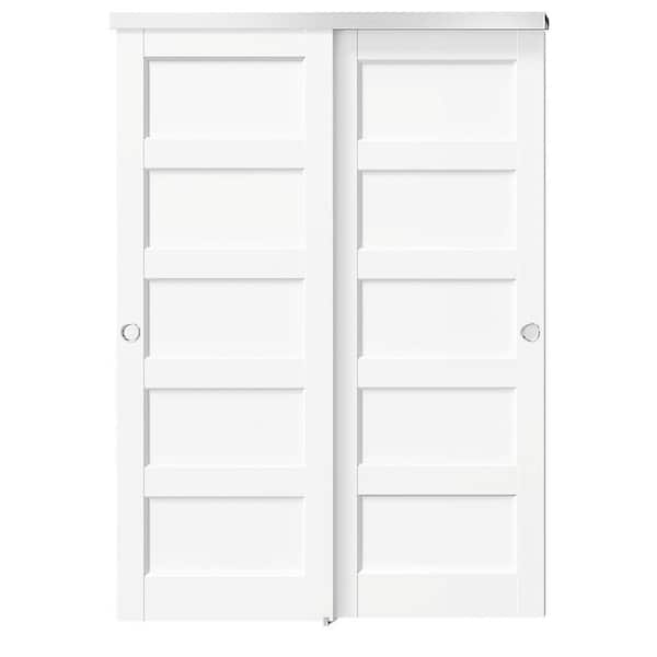 56 in. x 80 in. White, Solid Core, MDF & DIY Painted Double 5 Panel Bypass Sliding Door with Aluminium Hardware