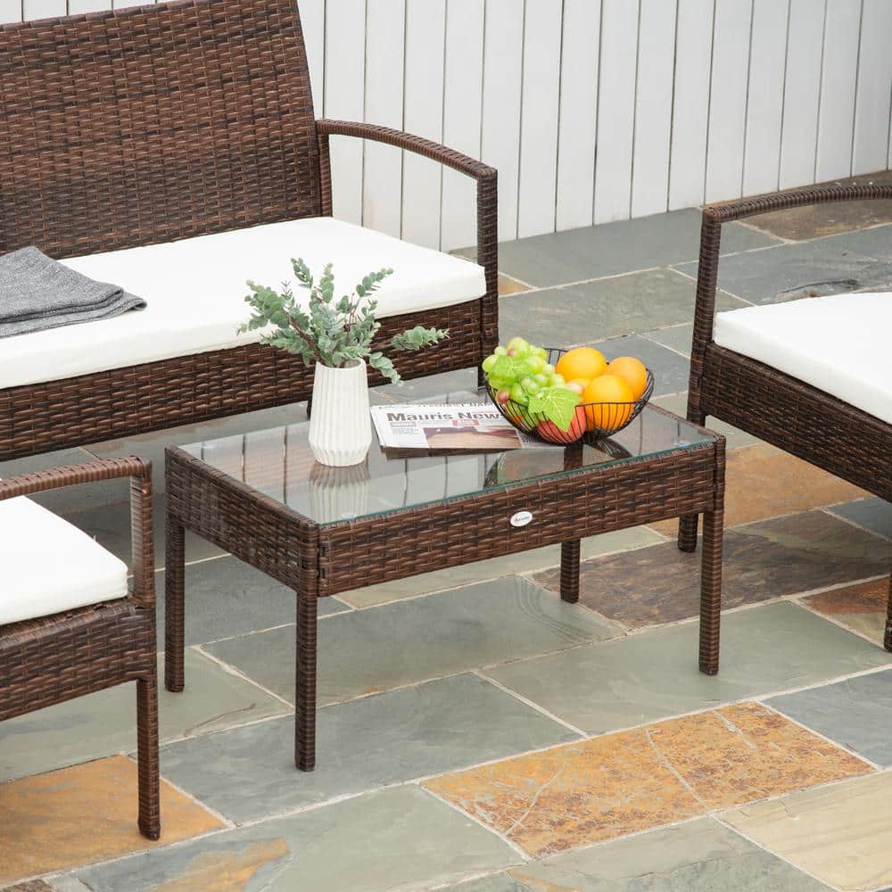 Boho Chic Dark Brown Wicker 4-Piece Outdoor Conversation Set with Cream Cushions