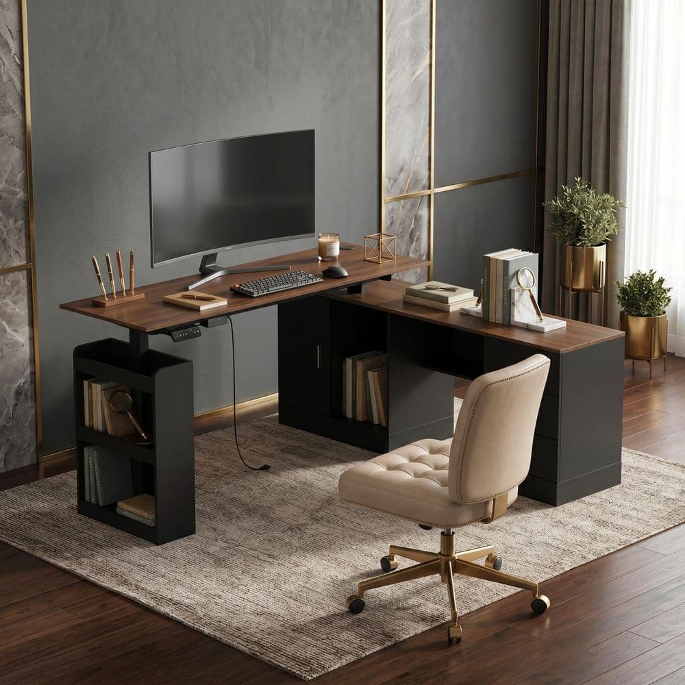 FUFU&GAGA 63 in. W L-Shape Black & Wood Grain Wooden 3-Drawer