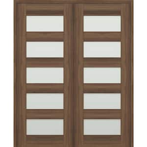 07-07 64 in. x 84 in. Both Active 5-Lite Frosted Glass Pecan Nutwood Wood Composite Double Prehung Interior Door