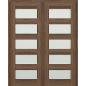 Vona 07-07 72 in. x 80 in. Both Active 5-Lite Frosted Glass Pecan Nutwood Wood Composite Double Prehung Interior Door