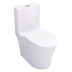 1-Piece 1.1GPF/1.6 GPF Dual Flush Elongated Toilet in White with Slow Close Seat, Golden Button