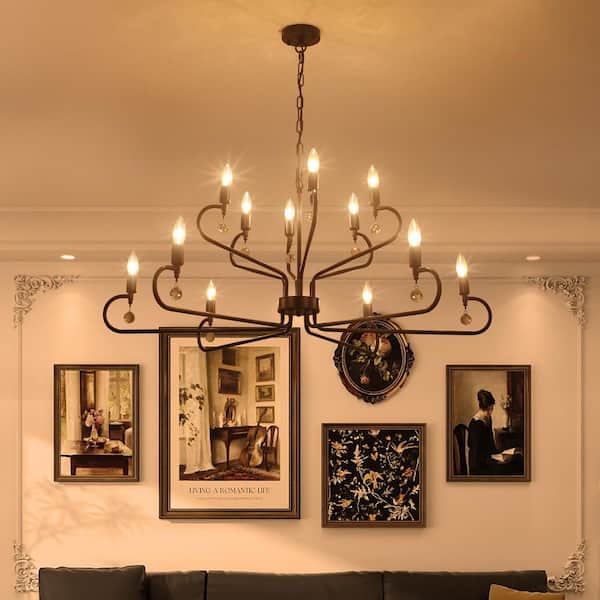 12-Light Large Black 2-Tier Linear Hanging Island Rustic Candlestick Chandelier with Crystal Pendant