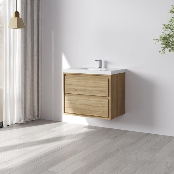 Purus 30 in. W x 20 in. D x 26 in. H Single Sink Wall Mounted Bath Vanity in Oak with White Cultured Marble Top