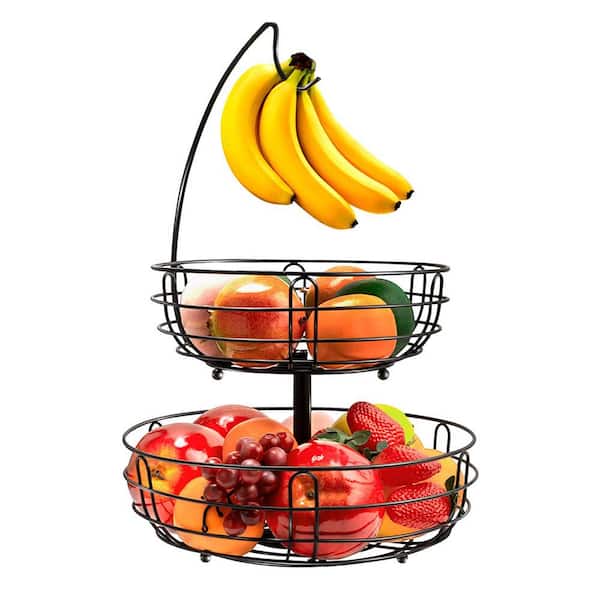AULEDIO 1-Piece 2-Tier Metal Fruit Basket with Detachable Banana Hanger, Black