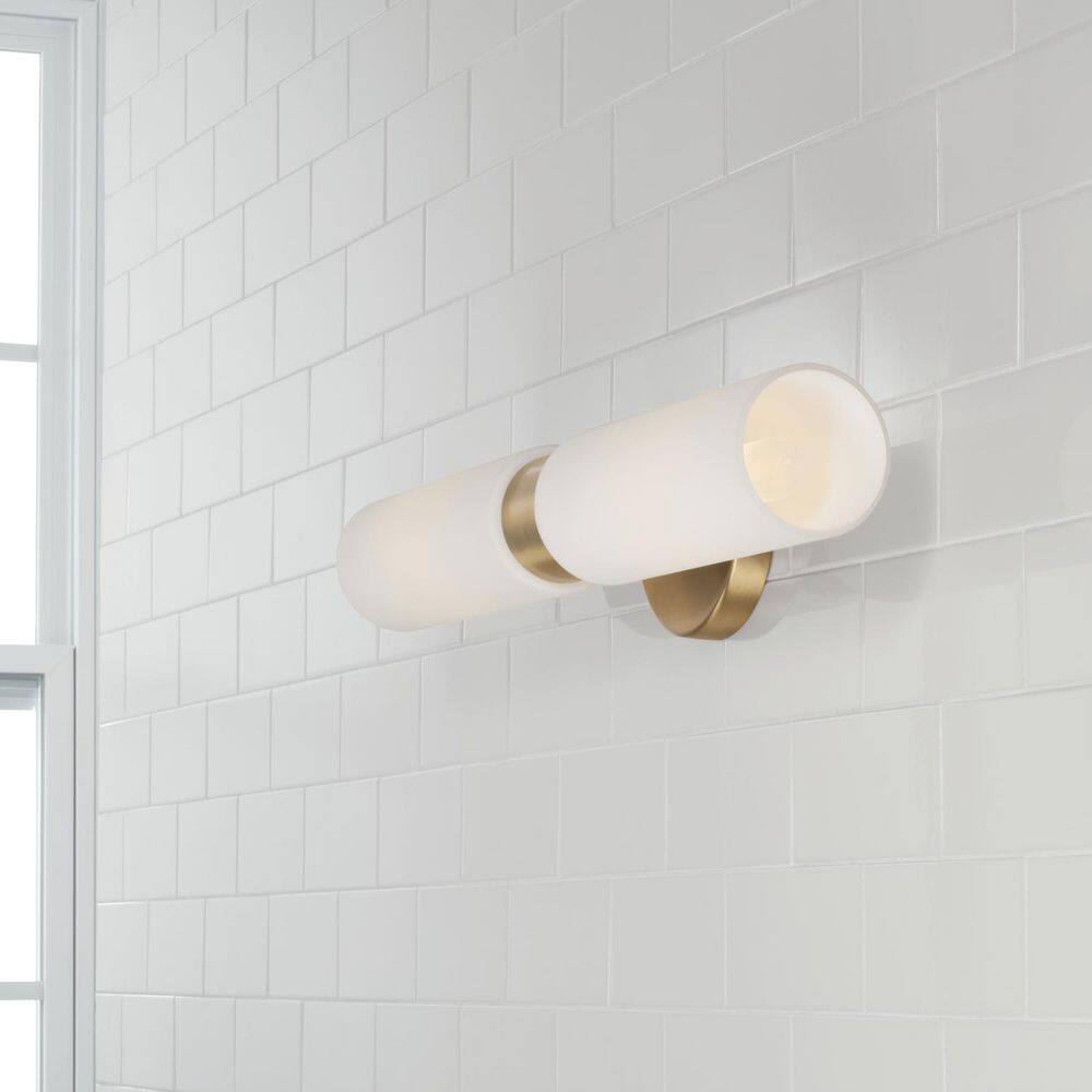 Aged Brass and White Glass Dual Cylinder Wall Sconce