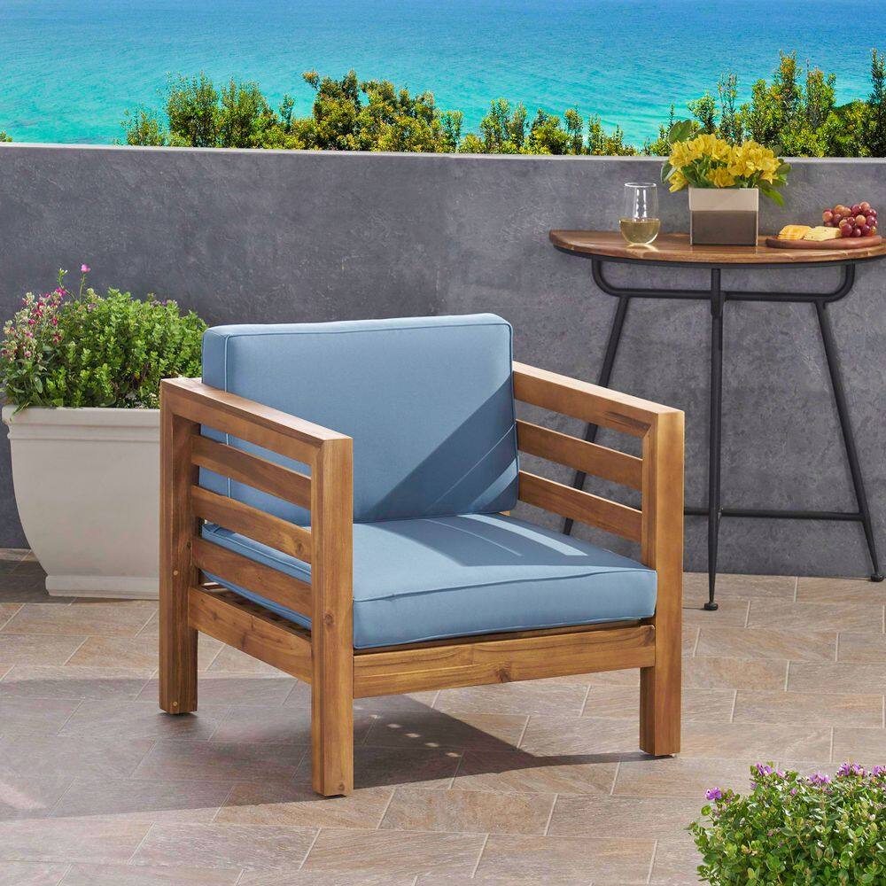 Louise Teak Finish Acacia Wood Club Chair with Blue Cushions