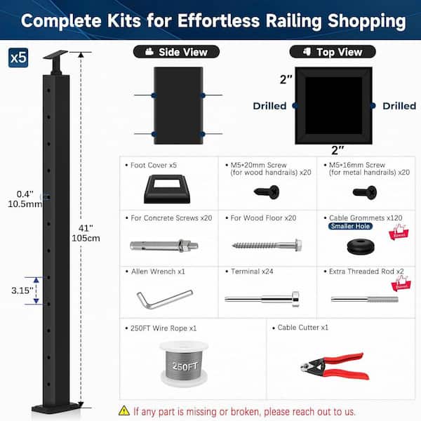 Afoxsos 2 in. Matte Black T304 Cable Railing Post Kits 5 Pack