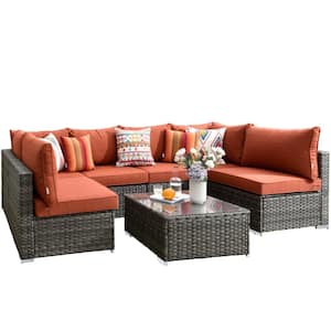 Messi Gray 7-Piece Wicker Outdoor Patio Conversation Sectional Sofa Set with Orange Red Cushions