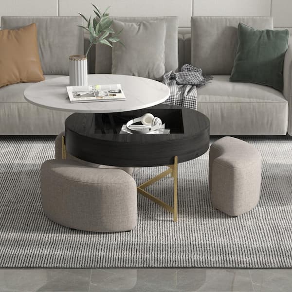 31 .5 in. Black Lift Top Round Wood Coffee Table with 3 Linen Stools