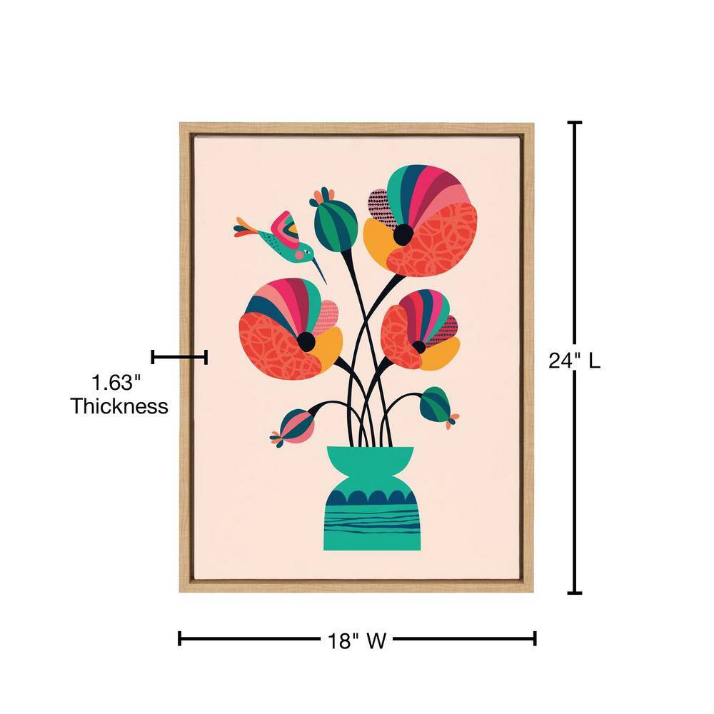 Mid-Century Modern Multicolor Floral Canvas Print with Natural Frame