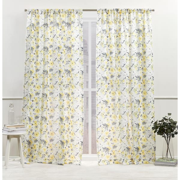 NICOLE MILLER NEW YORK Hattie Yellow Floral Light Filtering Rod Pocket Curtain, 54 in. W x 96 in. L (Set of 2)