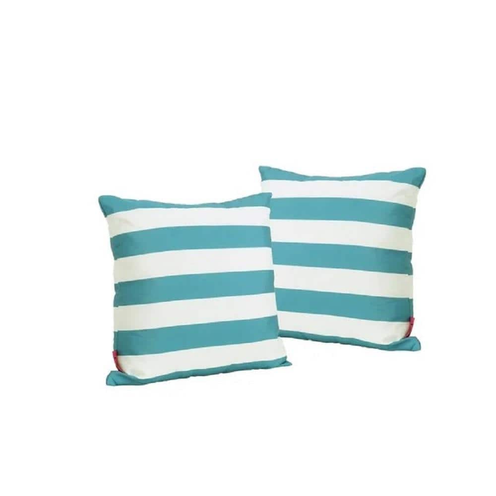18 in. W x 18 in. H Teal Blue Stripe Outdoor Throw Pillow, Water Resistant 