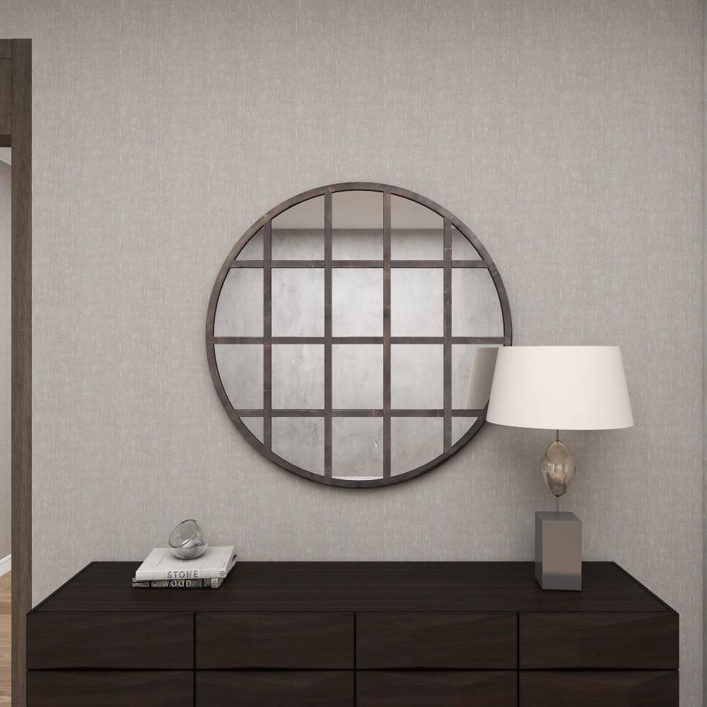 36" Round Bronze and Wood Accent Mirror