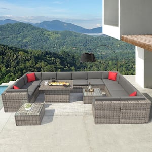 15-Piece Wicker Patio Conversation Set with Gray Cushions/Steel Fire Pit