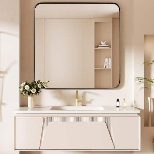 36 in. W x 36 in. H Tempered Glass Rectangular Framed Wall-Mounted Bathroom Vanity Mirror in Black