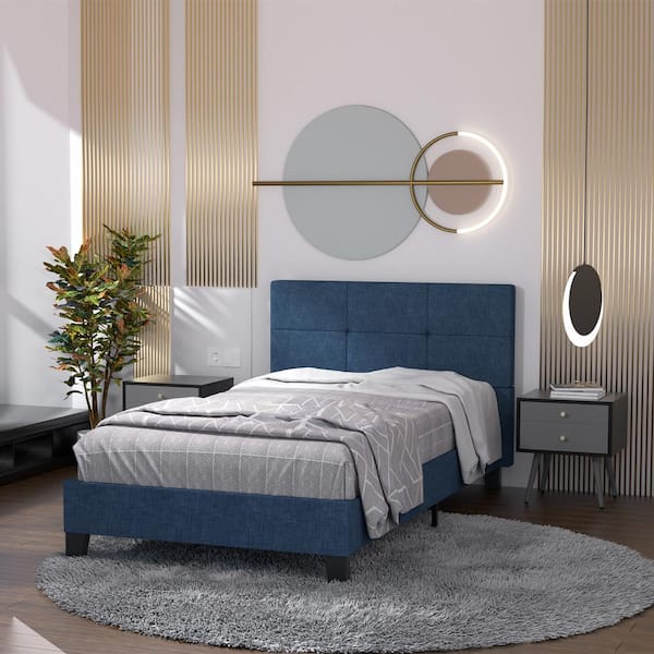 Seafuloy 76.77in.Lx73.4in.Wx35.3in.H Blue Linen Tufted Upholstered Metal Bed Frame with Nightstand 3 Piece Bedroom (Twin Size)