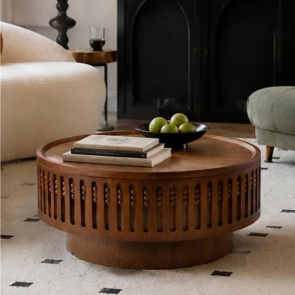 Ivolen 31.3 in. Walnut Finish Round MDF Wood Coffee Table with Fluted Cylinder Base and Hidden Storage
