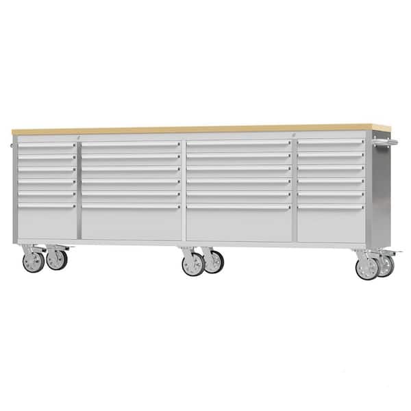 96 in. W x 18 in. D 24-Drawer Mobile Workbench Cabinet Stainless Steel Tool Chest with Wood Top & Lockable Wheels