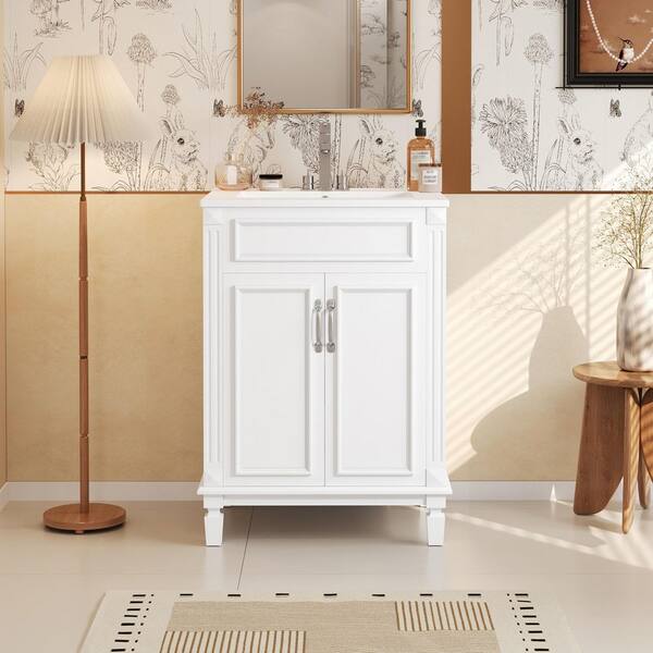Ziyudura 24 in. Single Sink Freestanding White Bath Vanity with