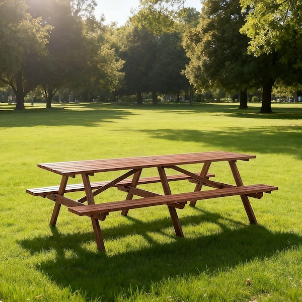 Extra Large 95 in. Brown Rectangle Fir Wood Picnic Table with Umbrella Hole, Benches for 12 Persons
