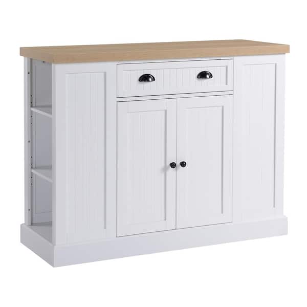 HOMCOM White/Oak Wood 47.25 in. Kitchen Island with Cabinets, Cutting Board, Doors, Drawers
