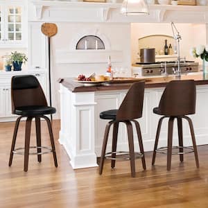 Edward 26 in. Black Faux Leather Swivel Bar Stool Solid Wood Walnut Frame Counter Height Bar Stool (Set of 3)